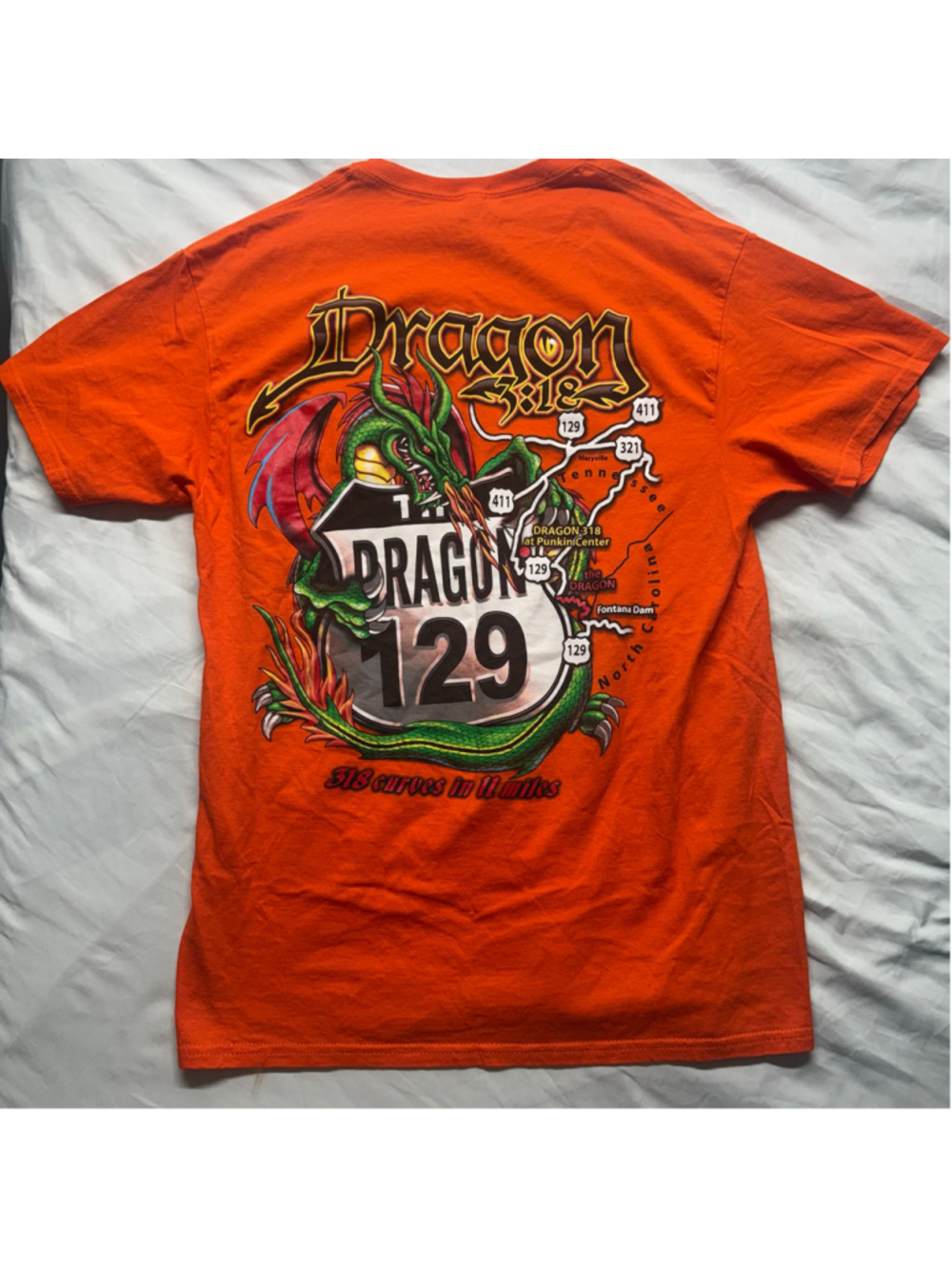 Tail of the Dragon 129 Motorcycle Graphic T-Shirt Orange Fruit of the Loom M